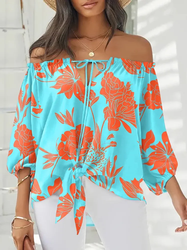 

Lady Sexy Off Shoulder Blouse Shirt 2022 Spring Summer Women Elegant Printed Sash Neck Loose Tops Streetwear Full Sleeve Blusas