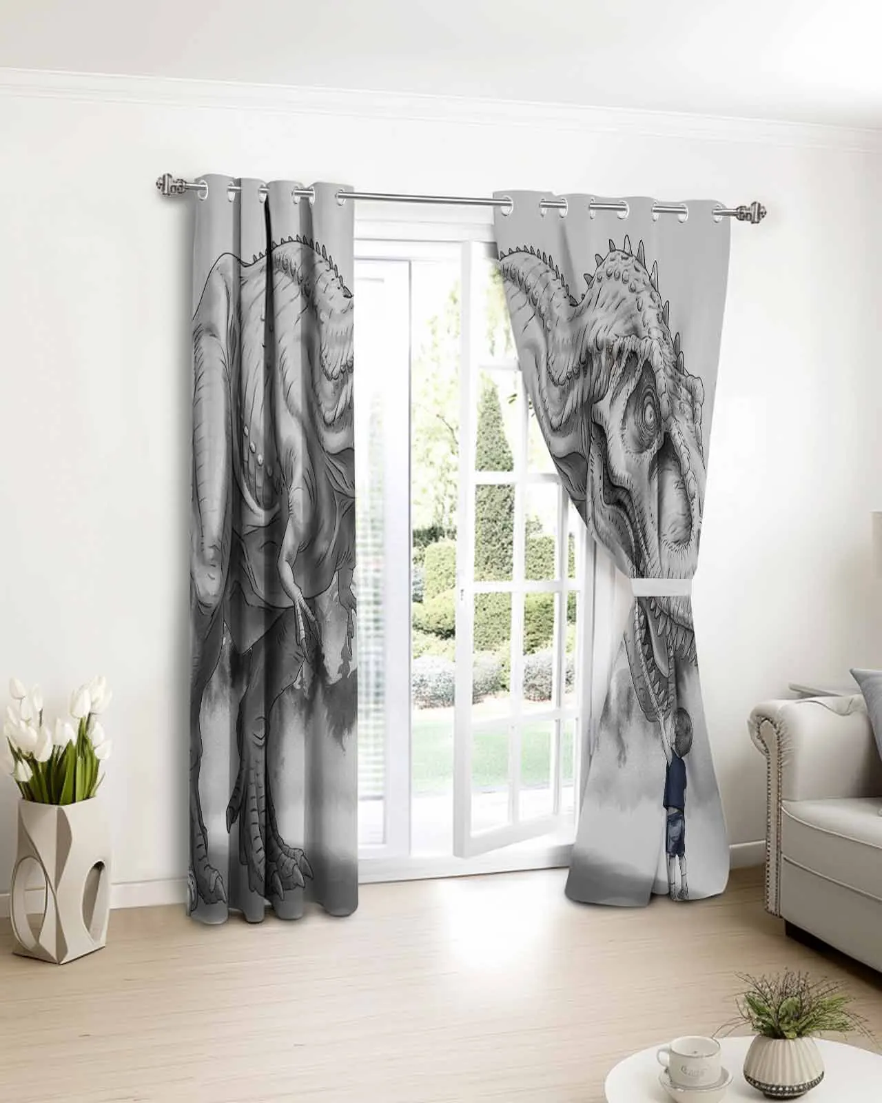 

Retro Gray Dinosaur Little Boy Illustration Window Curtain Bedroom Decor Curtain Panel Curtains for Living Room