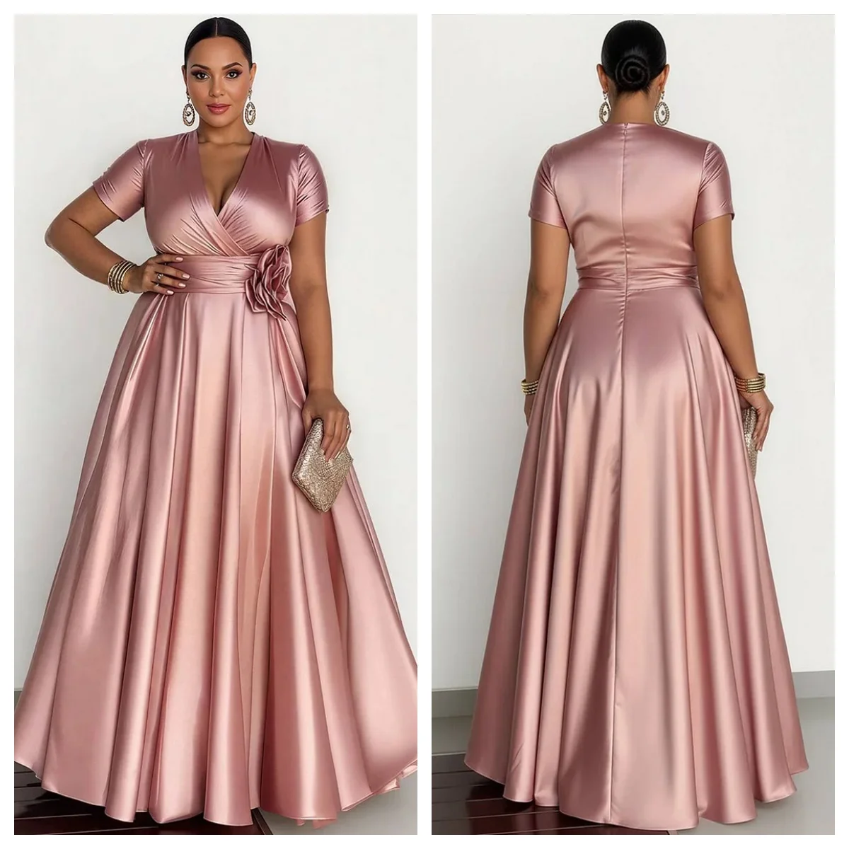 Women's Plus Size Satin Vestido Madrinha Casamento Wrap V Neck Short Sleeve 3D Floral Maxi Formal Evening Wedding Guest Gown