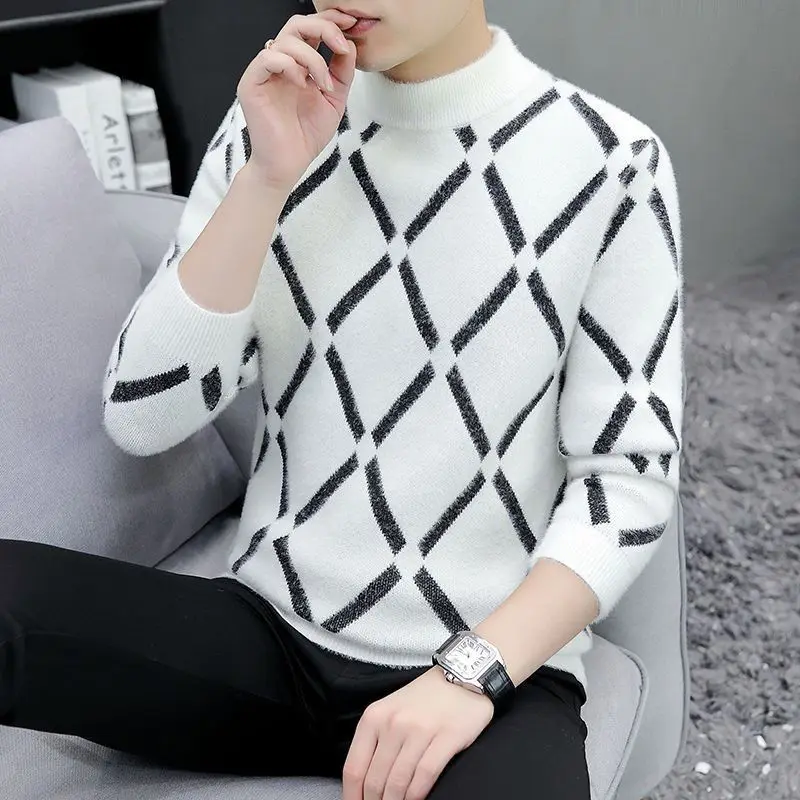 

Autumn Winter New Men Sweater Mock Neck Patchwork Contrast Color Youth Trend Fashion Warm Pullovers Long Sleeve Knitted Tops