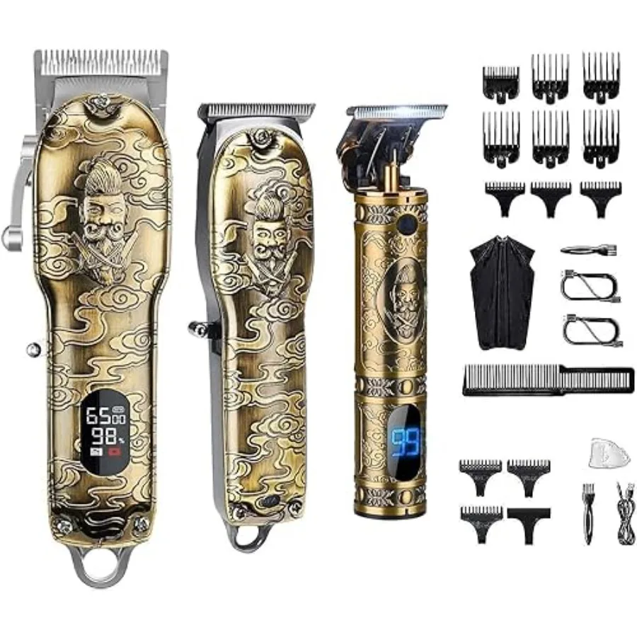 

Cordless Haircut Clippers and Trimmers Set of 3 for Men with T-Blade Beard Trimmer Professional Barber Kit Knight Gold Color LE