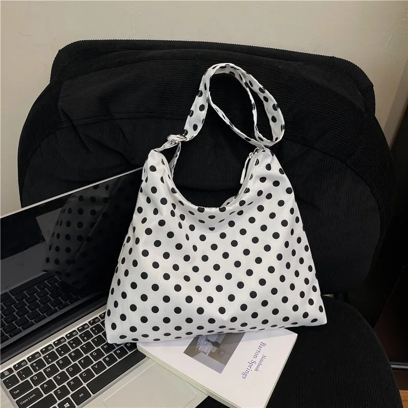 

Trend Black and White Polka Dot Bag Large Capacity Commuter Tote Shoulder Bag Lightweight Nylon Cloth