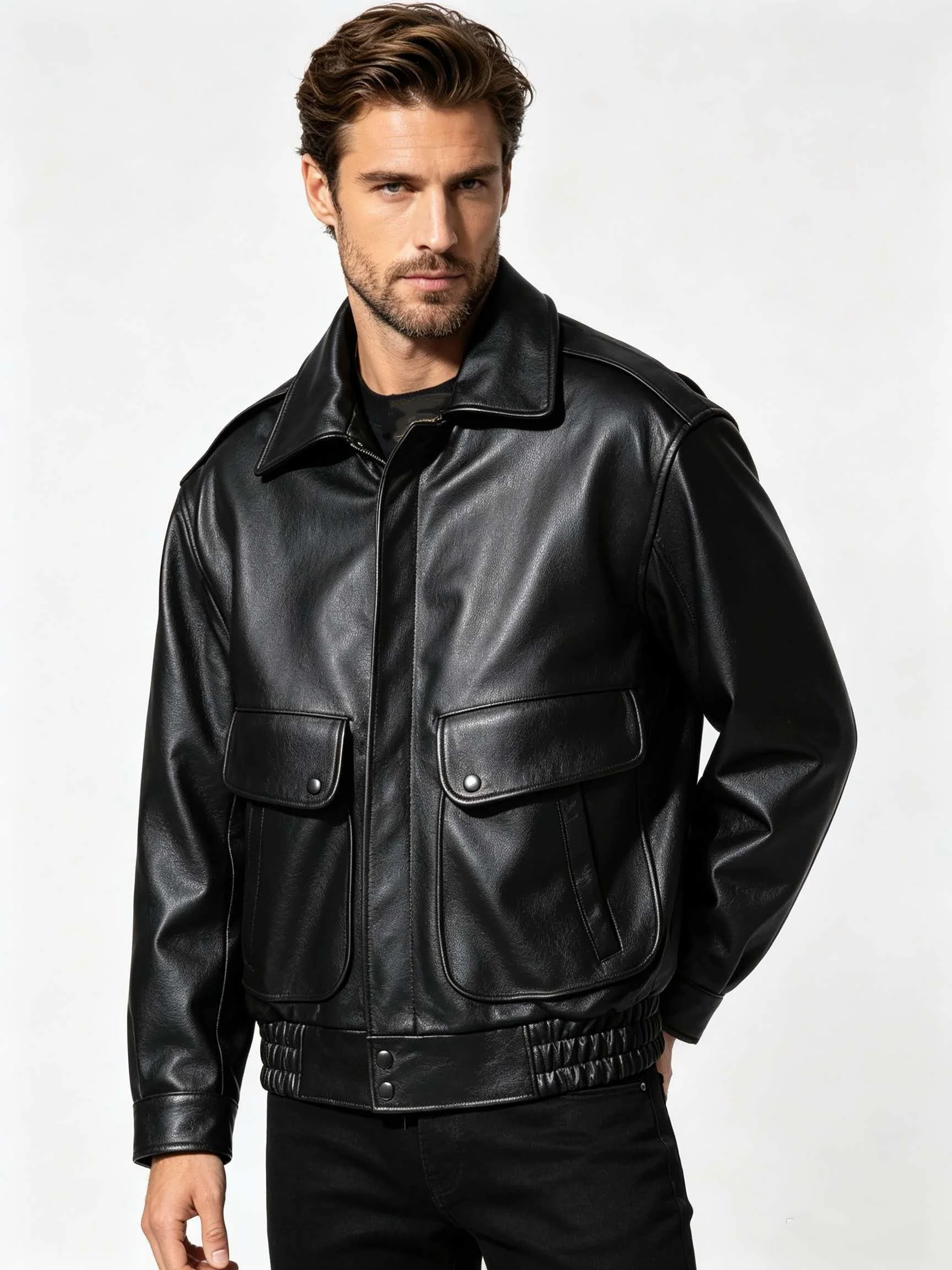 Men's Genuine Cowhide Leather Jacket Black Pebbled A-1 Deck Jacket Big Flap Pockets Epaulettes Snap Front Wide Fit Coat