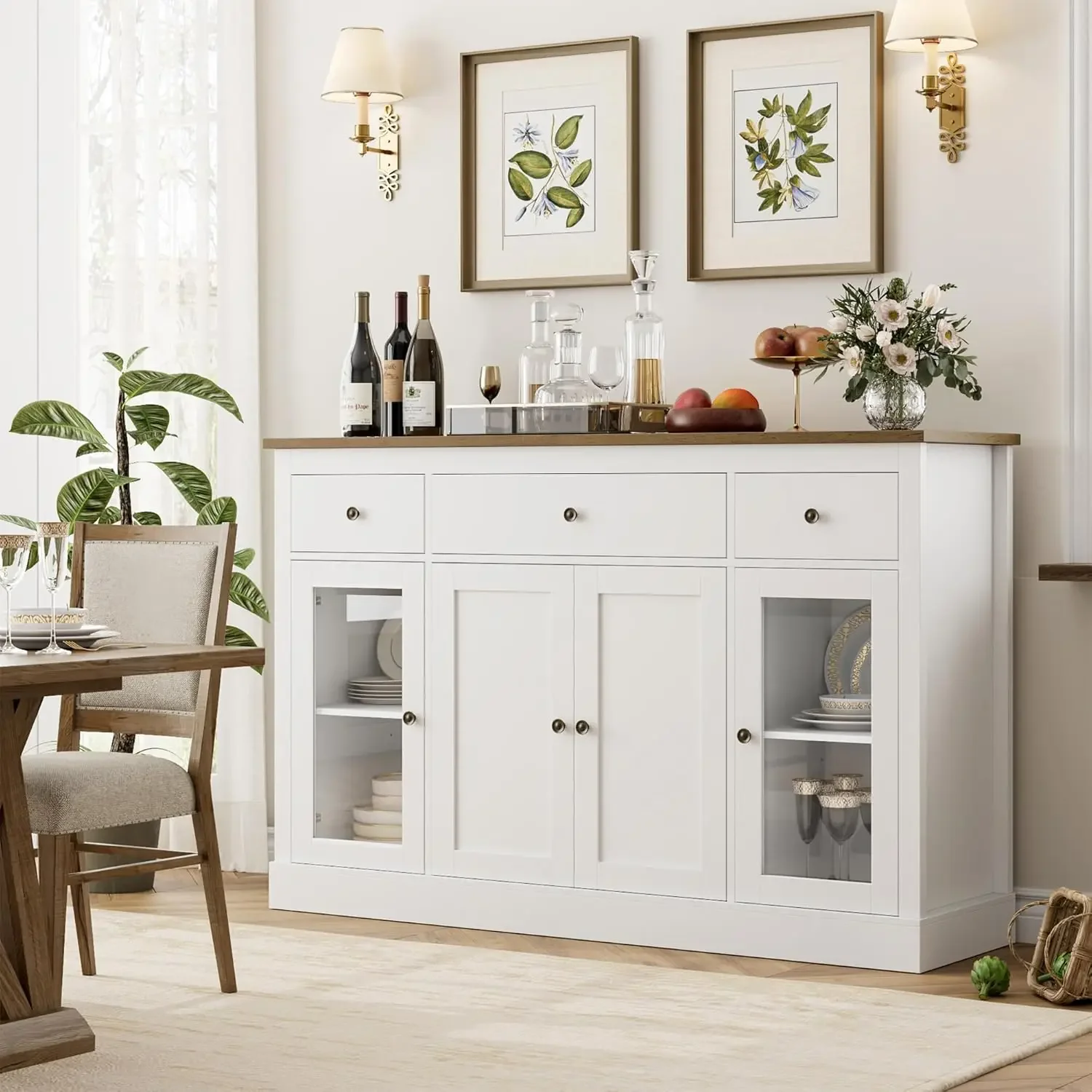 Cabinet with Drawers and Glass Doors, Modern Farmhouse Coffee Bar Cabinet, Wood Buffet Table Dining Room Cabinet, White