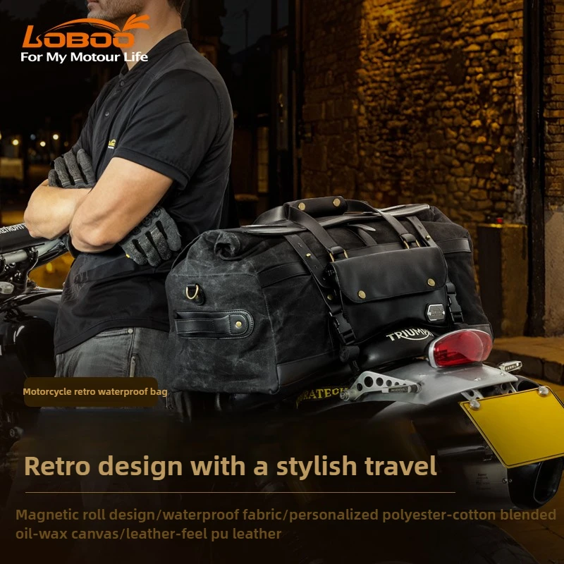 LOBOO Vintage Motorcycle Tail Bag 40L Large Capacity Vintage Cruise Short Bike Trip Waterproof Duffel Bag Carry Back Seat Bag