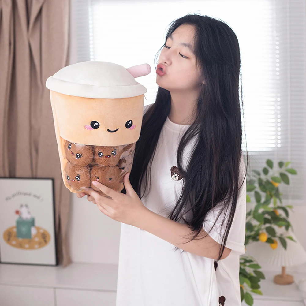 A Bucket Of 6pcs Boba Milk Tea Pudding Plush Toy Cat Paw Wolfberry Hug Creative Lohas Throw Pillow Cartoon Kids Gifts Sofa Decor
