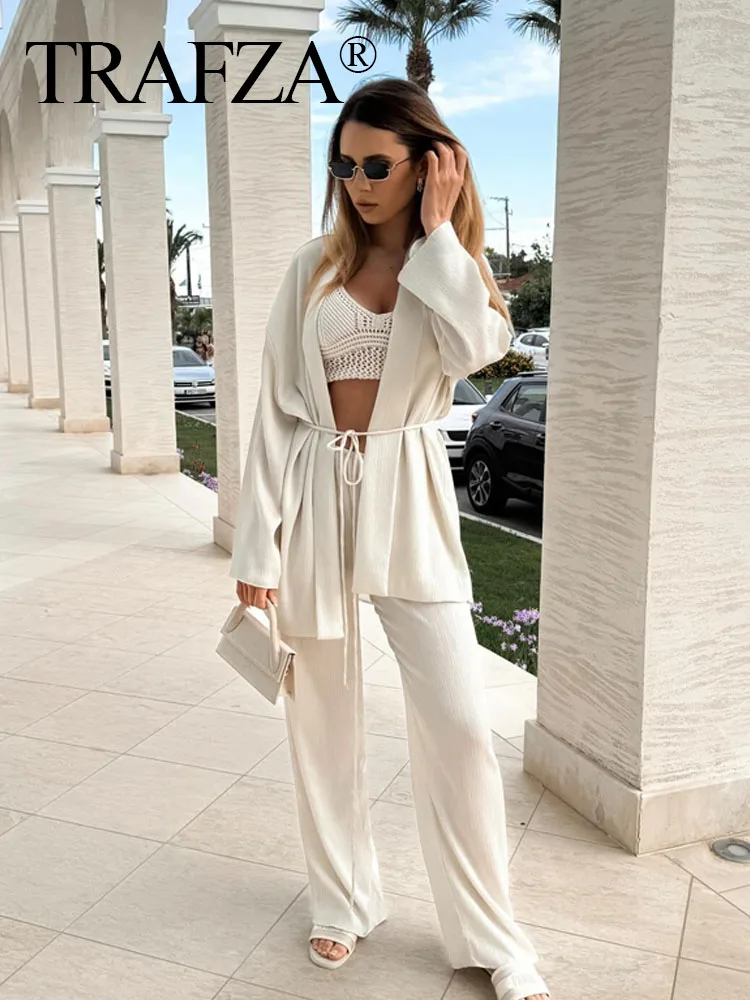 

TRAFZA 2024 Women 2 Piece Set Casual Slim Wide Leg Long Pant+Pleated Texture Lace Up Decorate Loose Kimono Shirt Top Mujer