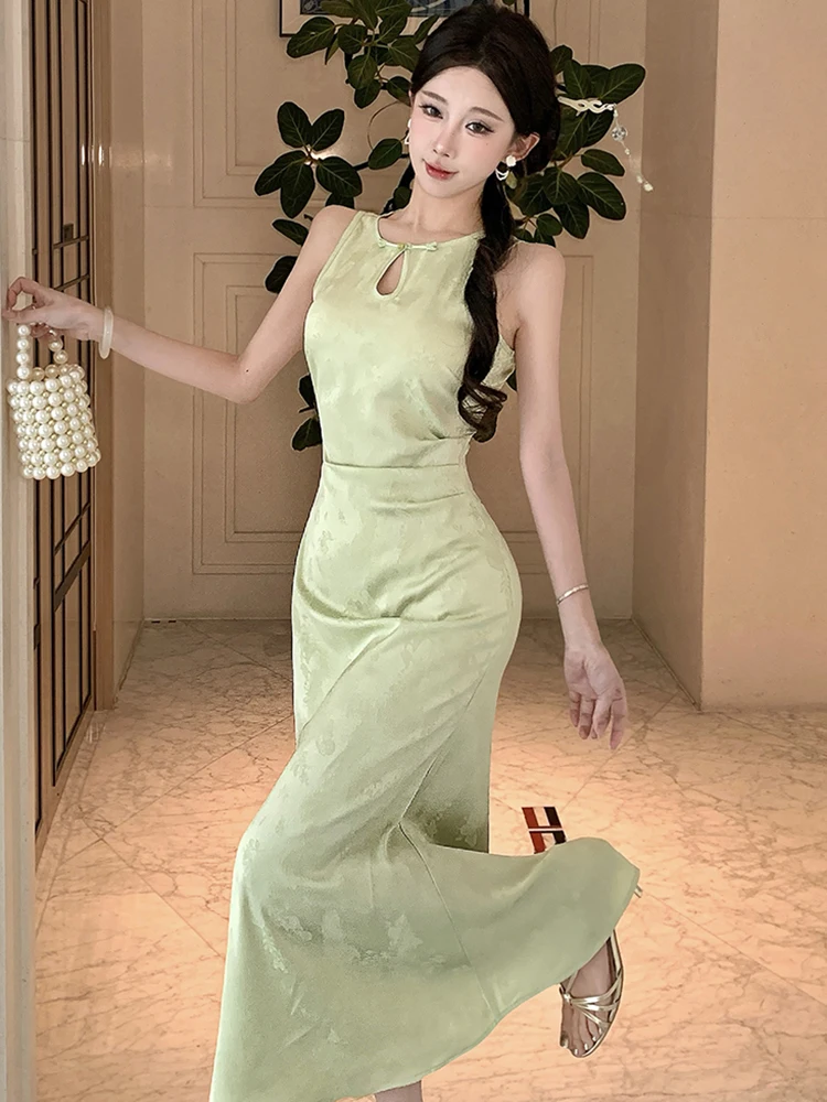 Women Green Satin Jacqaurd Sleeveless Long Dress Summer Pleated Bodycon Festival Dress 2026 Korean Vintage Luxury Evening Dress