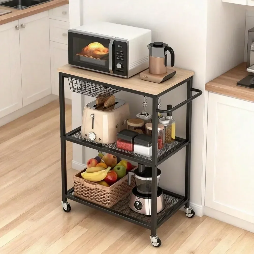 Modern Industrial 3Tier Rolling Kitchen Cart Vintage Microwave Stand With Push Handle Lockable Wheels, Versatile Utility Storag