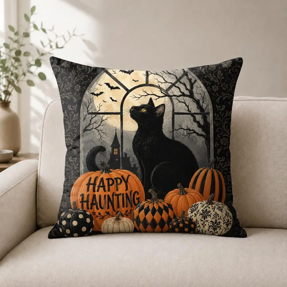 Midnight Moon Halloween Cushion Cover Luxury Soft Plush Short Fur Cushion Case Warm Cozy Sofa Bed Decorative Home Accent