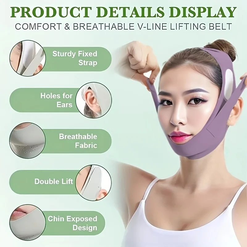 Máscara de elevação facial em forma de V ajustável – Anti-alérgica, respirável, reutilizável, redução de queixo duplo e tiras modeladoras de mandíbula