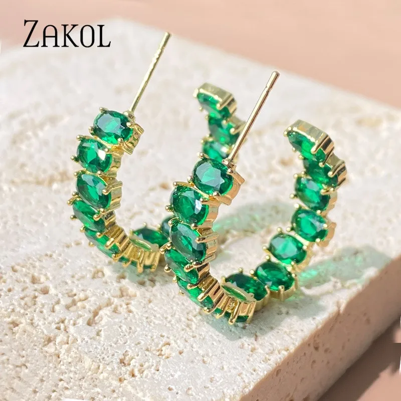 ZAKOL Fashion Green Circle Shape Hoop Earrings Black Zircon Crystal Earring for Women Engagement Party Statement Jewelry