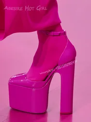 Bright Fuchsia High Platform Block Heel Sandal Square Toe Patent Leather Black Ankle Buckle Office Lady Cover Heel Catwalk Shoes