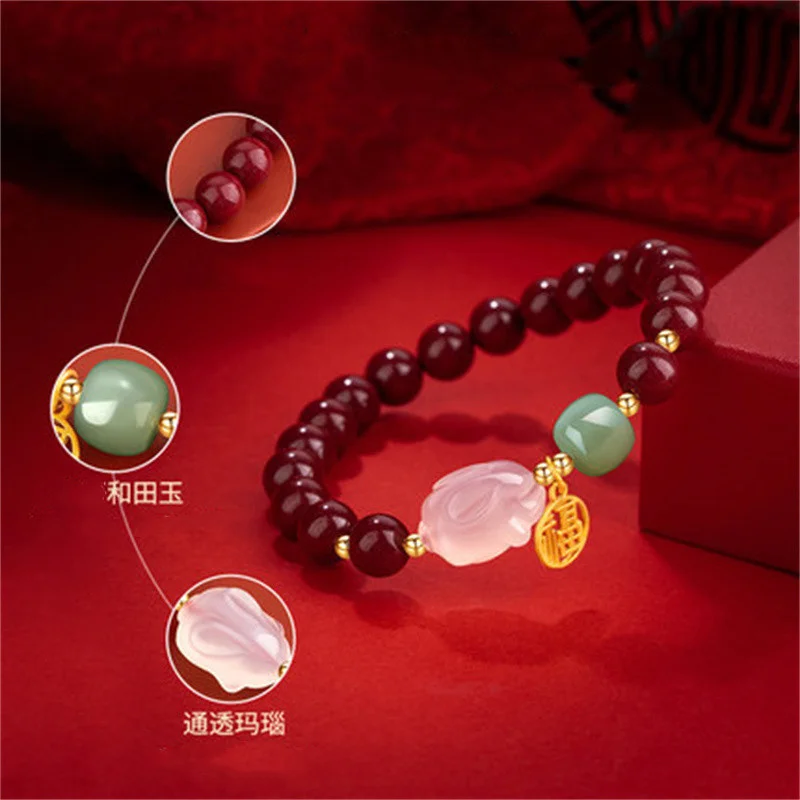 Natura Year of the Rabbit Year of the Life Jade Rabbit Simple and Fresh Cinnabar Bracelet Girl Rabbit Bracelet Valentine's Day G