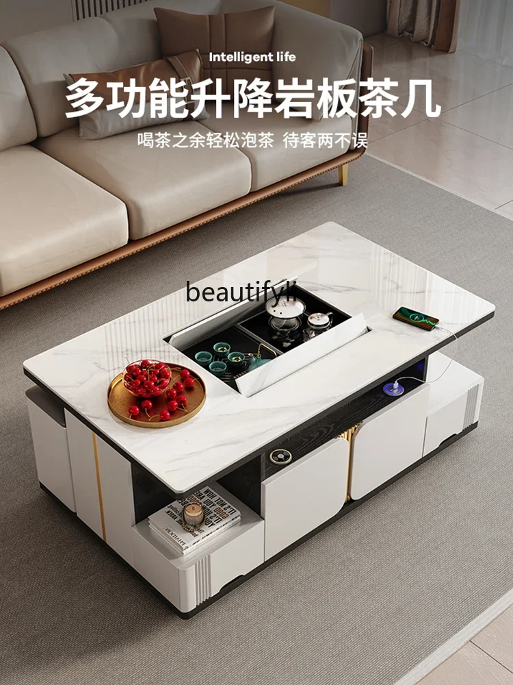 Fully automatic lifting rock plate kung fu tea table tea brewing all-in-one light luxury modern multi-function smart tea table