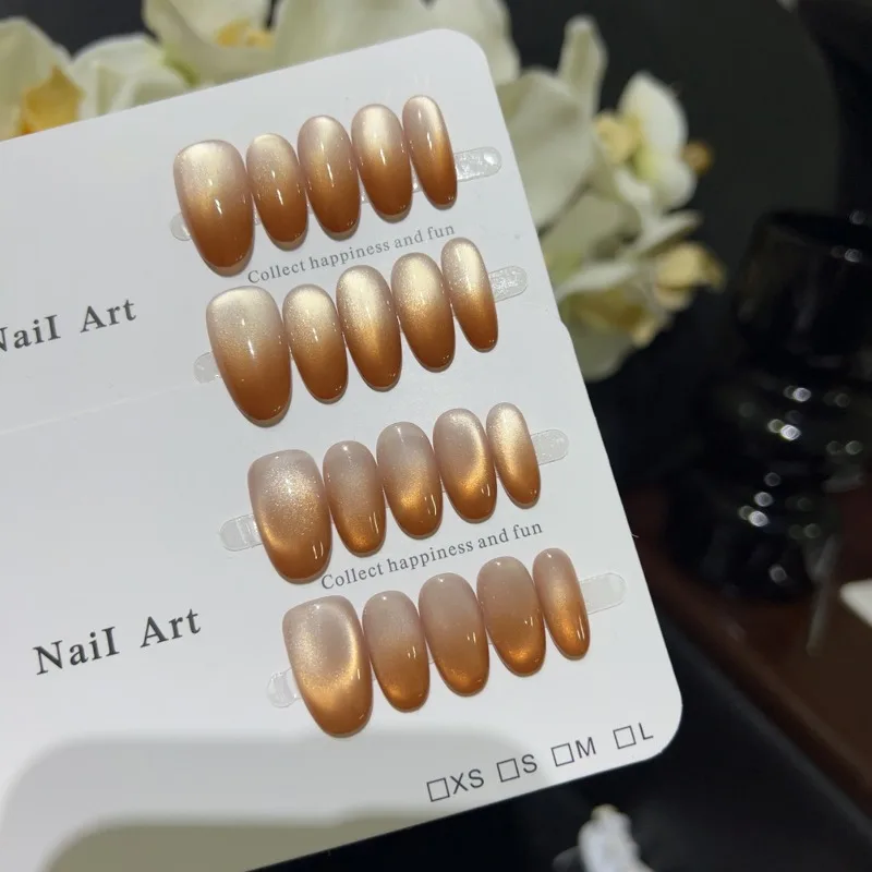

Handmade 2025 Press on Nail Gold Gradient Cat Eye False Nails Press on With Sticky Tabs Beautiful nail Tips with Box and Tools