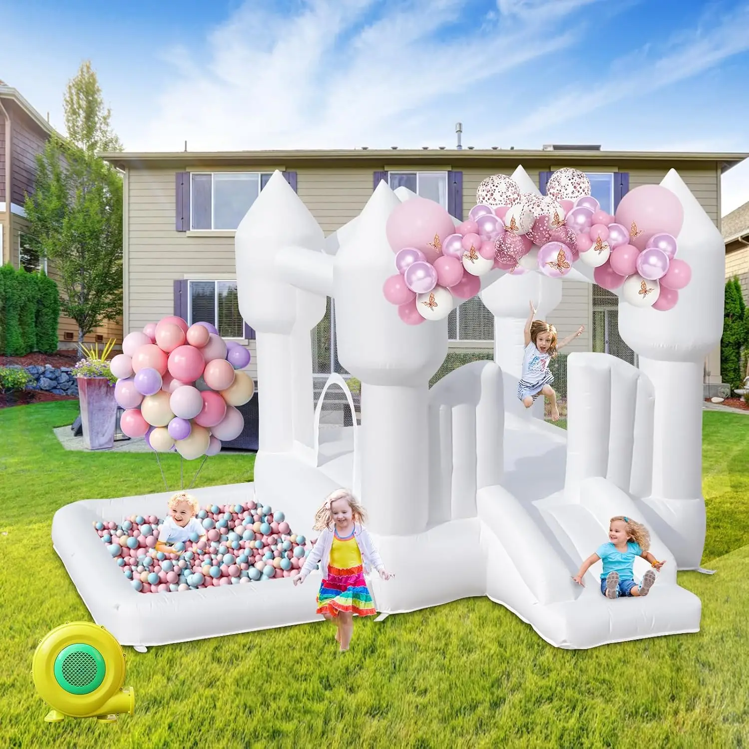 Bounce House for Kids, White Bounce House with Slide, Jumping Bouncy Castle for Kids Birthday Party, Wedding, Backyard Indoor/Ou