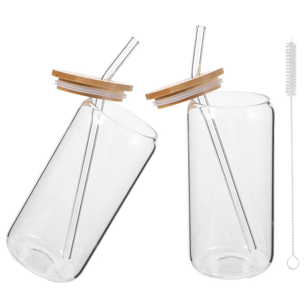 

1 Set Of Can Shaped Glass Cups Drinking Bottles With Lid And Straw Clear Glass Breakfast Mug Drinkware Cups Juice Drinking Cups