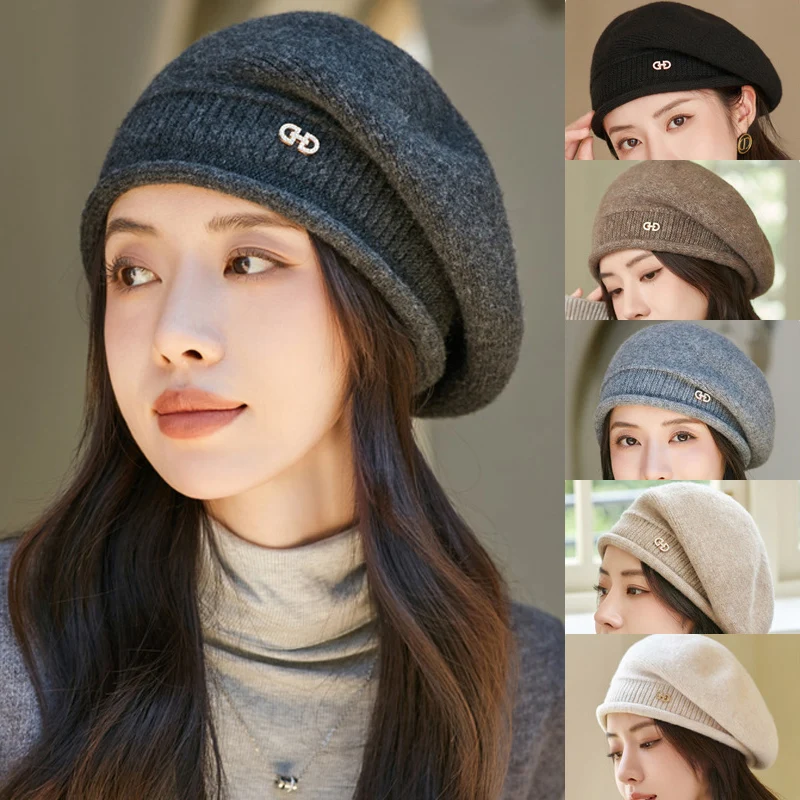 Autumn Winter Fasionable British Painter Style Elegant Cute Beret Warm Windproof Solid Color Pile Hat Premium Feel Versatile Cap