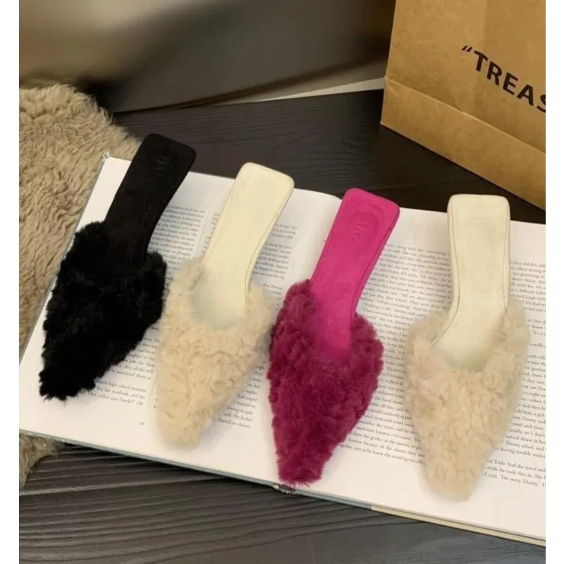 

New Slippers Casual Shoes Woman Pink Slides Shallow Butterfly-Knot Med Cover Toe Fur Flip Flops Pantofle Luxury Plush Pumps