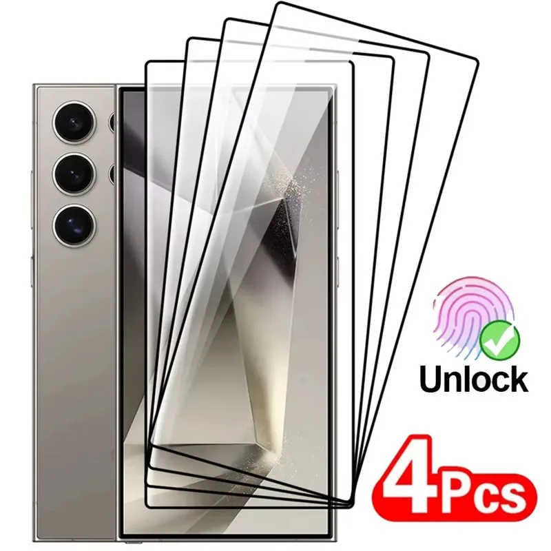 

4Pcs Full Cover Tempered Glass For Samsung Galaxy S24 S25 Ultra Fingerprint Unlock Screen Protector S24Plus S24 S24 Ultra Glass