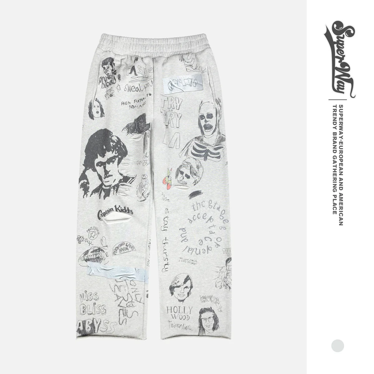 Super Way Men's Pants Vintage American Graffiti Distressed Wide Leg Sport Leisure Pants F520#