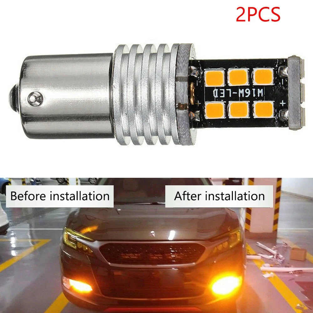 2X Amber/Yellow 1156 Ba15S 2835 15W Error Free Car LED Turn Signal Light Bulbs