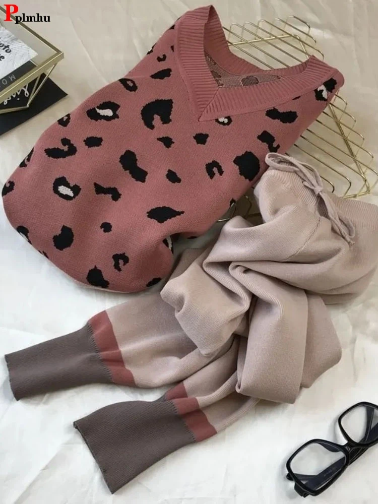 Knitted 2 Pieces Sets O-neck Print Pullovers Outfit High Waist Ankle Length Harem Pant Suits Soft Spring Fall Korean Conjuntos