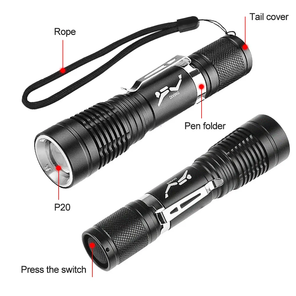 P20 5W LED Diving Flashlight Aluminum Alloy Scuba Diver Flashlight Pen Clip Mini Portable Waterproof IPX8 Underwater Torch