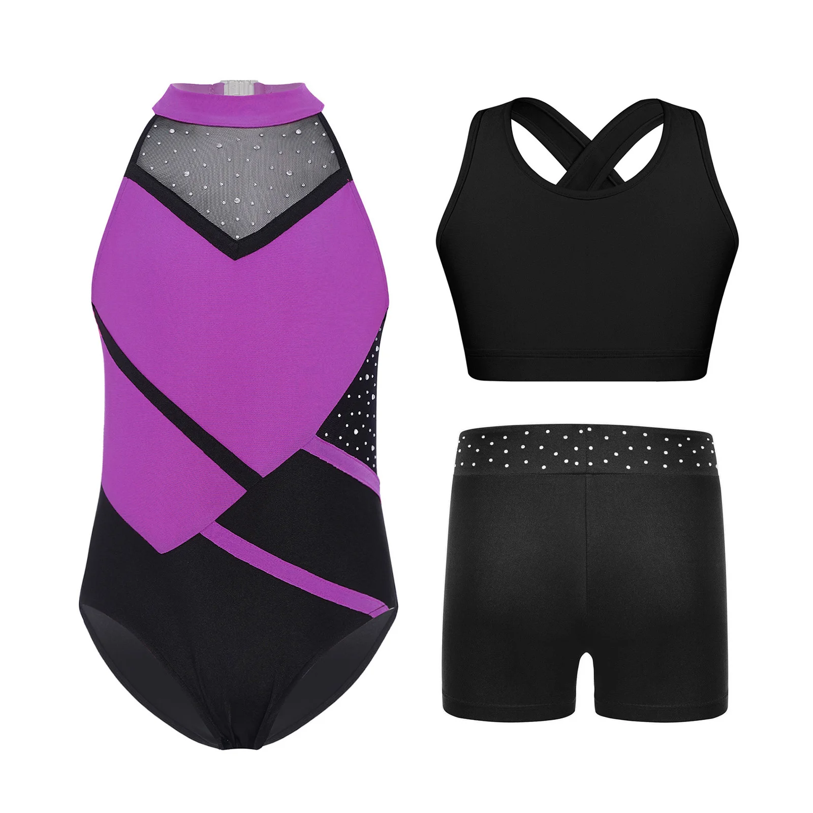 

3Pcs Kids Girls Gymnastics Leotard Dance Performance Outfit Strappy Back Color Block Glittery Rhinestones Leotard+Vest+Shorts