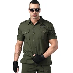 Men Khaki Shirt Short Sleeve Military Shirt Men Blouse Pilot Camouflage Double Pocket Loose Army Green 2024 New Model Male Shirt