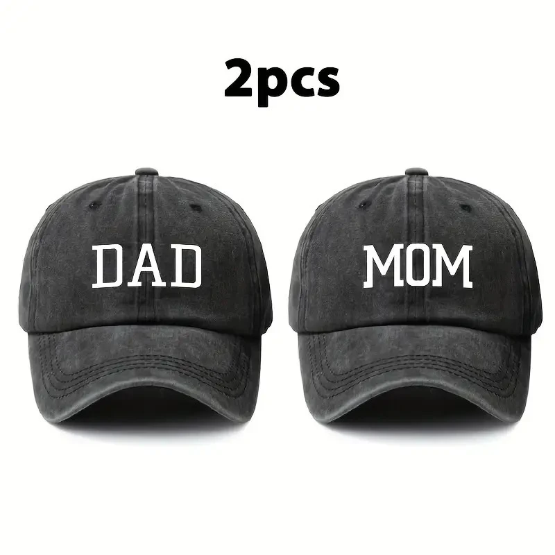 2pcs Vintage Style Washed Soft Top Baseball Caps with Letters Unisex Outdoor Dad Mom Sun Hats Adjustable Size Family Set
