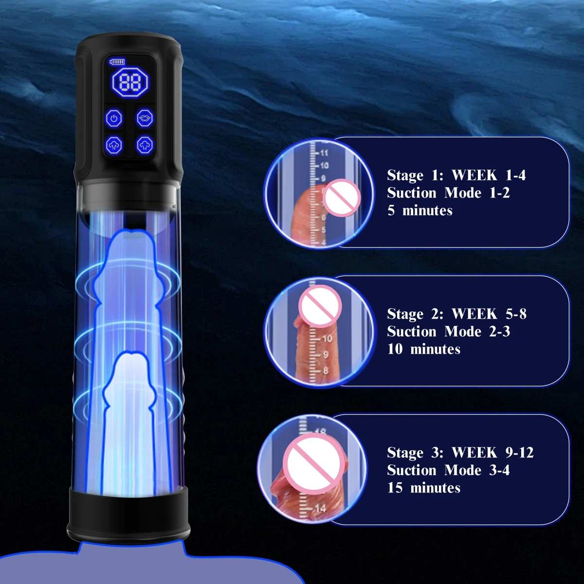 IPX5 مضخة القضيب المقاومة للماء مضخة تفريغ كهربائية ممتازة لتكبير متعة الرجال والصحة الحميمة مع 7 شفط وزارة الدفاع 18