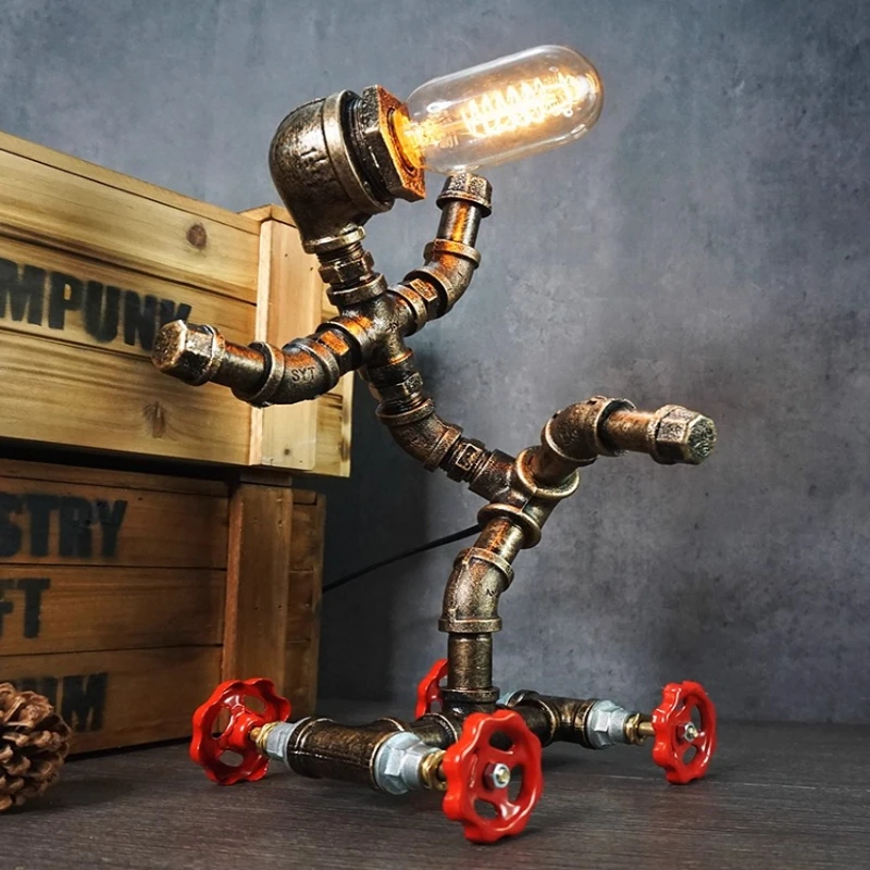 Industrial Pipe Desk Lamp, Retro Robot Arm Steampunk Light with Dimmable Bulb, Unique Gift for Men, Office Cafe Bar Decor