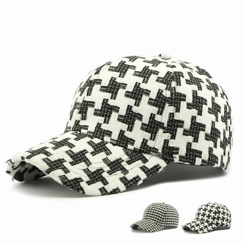 Women's Baseball Cap Adjustable 55-59cm Geometric Pattern Houndstooth Design Polyester Perfect for Fall and Winter Duckbill