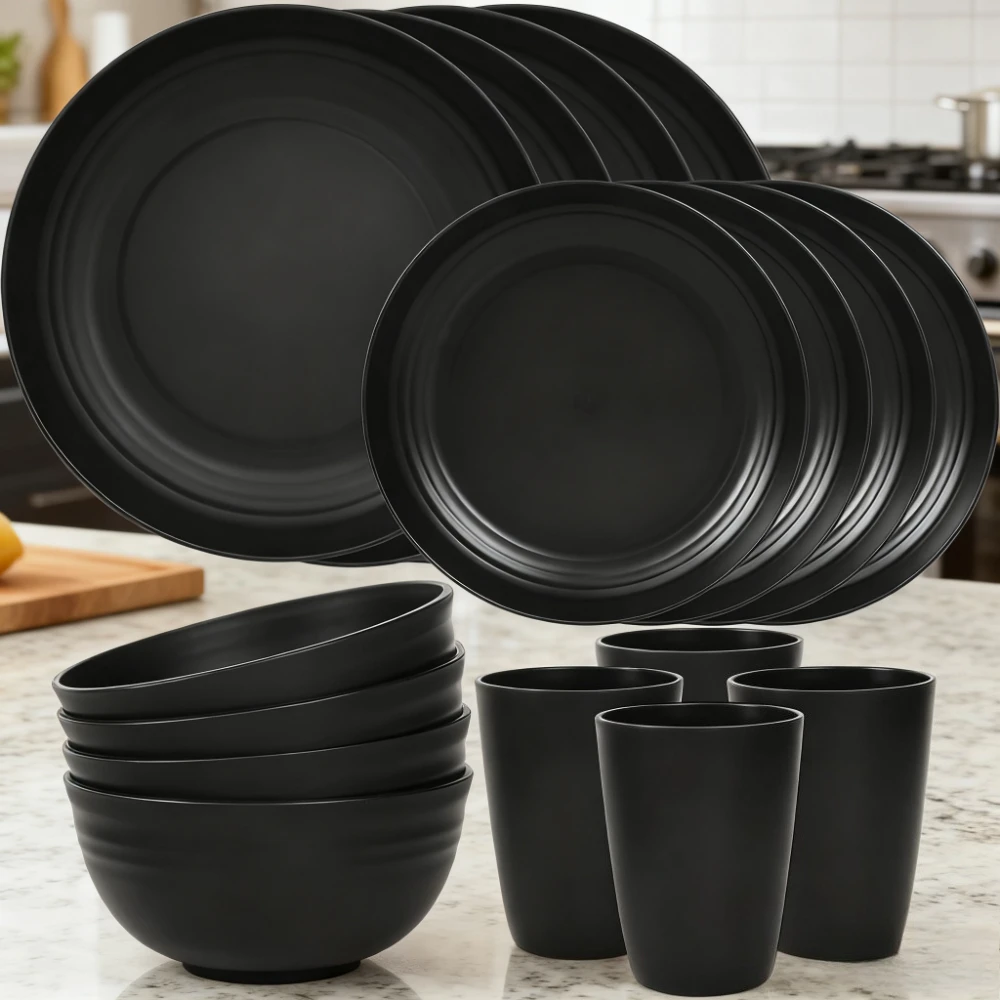 

16 Pcs Plastic Wheat Straw Dinnerware Set Unbreakable Dish Set Dinner Plates Dessert Plates Cereal Bowl for Outdoor Camping