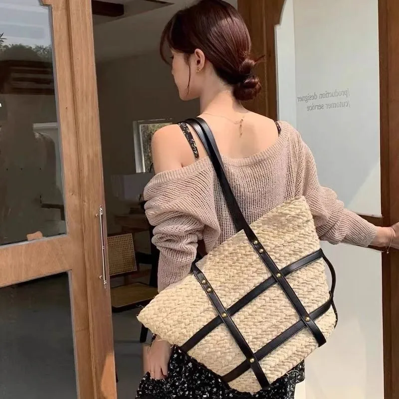 

JIAERDI Retro Beige Straw Bag Handbag Ladies Vacation Large Capacity Woven Beach Bags For Woman Holiday Shoulder Tote Bags New