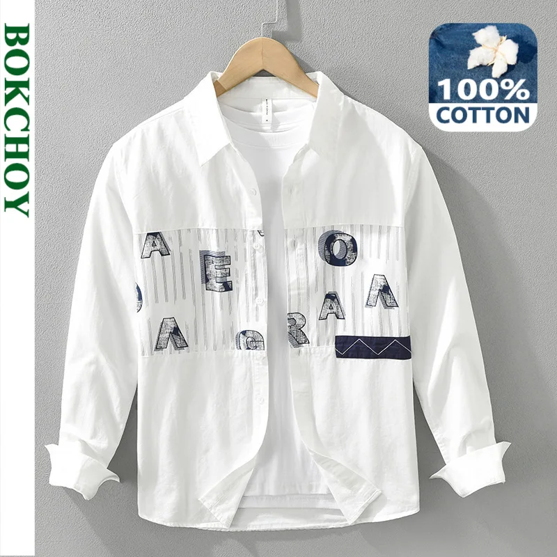 2024 Autumn New Patchwork Letter Printed 100% Cotton Shirts for Men Clothing Simple Soft Long Sleeve Men Shirts CM7371