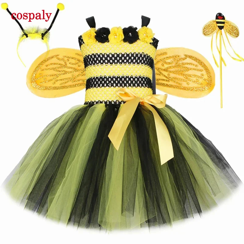 Little Bee Tutu Dress For Girls Halloweeen Cosplay Costume Tulle Flowers Kids Holiday Party Honeybee Fairy Fancy Dress Up Outfit