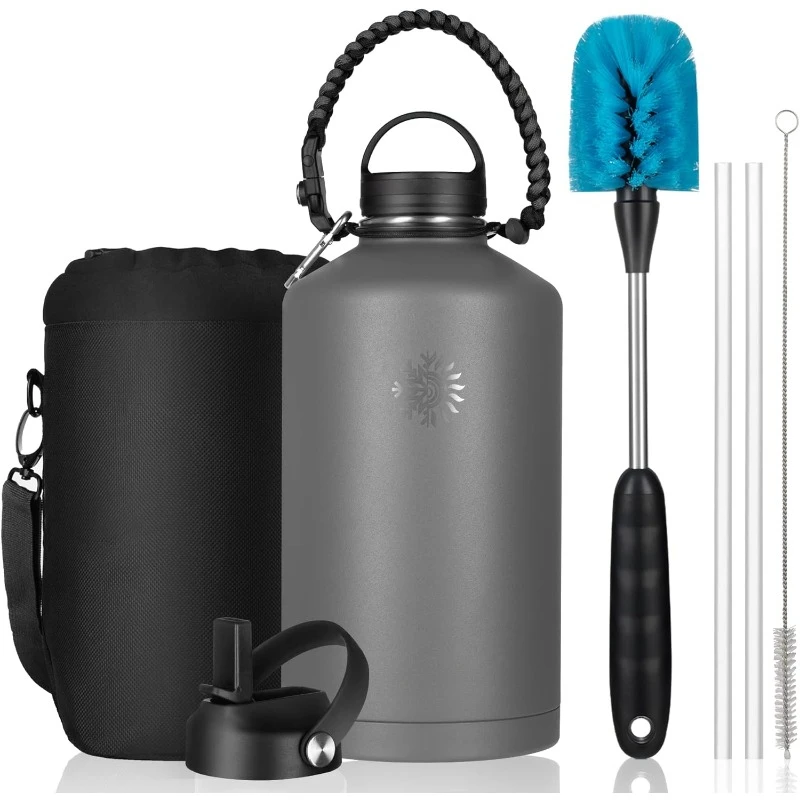 Bottle with Paracord Handle & Bottle Brush - Large Stainless Steel Water Bottle with Carrying Pouch & 2 Lids