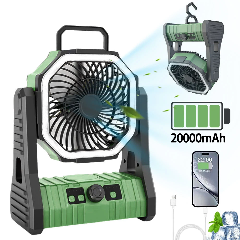 Camping Fan with LED Lantern,20000mAh Rechargeable Battery Operated Outdoor Tent Fan with Hook,for Travel,Jobsite,USB Desk Fan