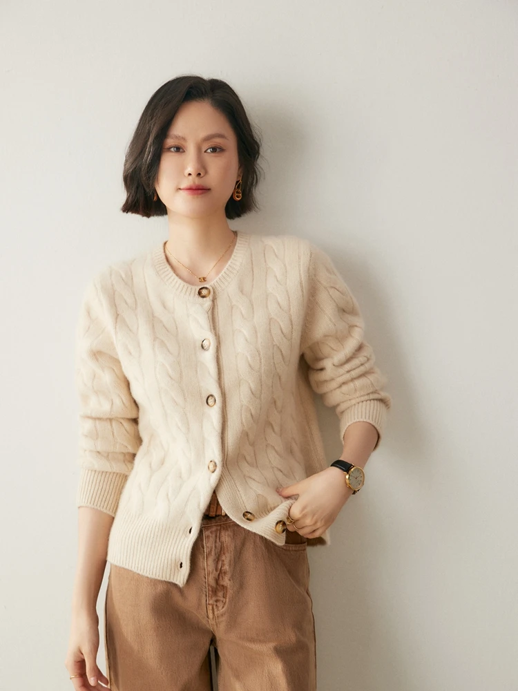 

Autumn Winter Women Casual Loose Cardigan 100% Merino Wool Knitted Sweater Cable Stitch Button Long Sleeves Soft Korean Style
