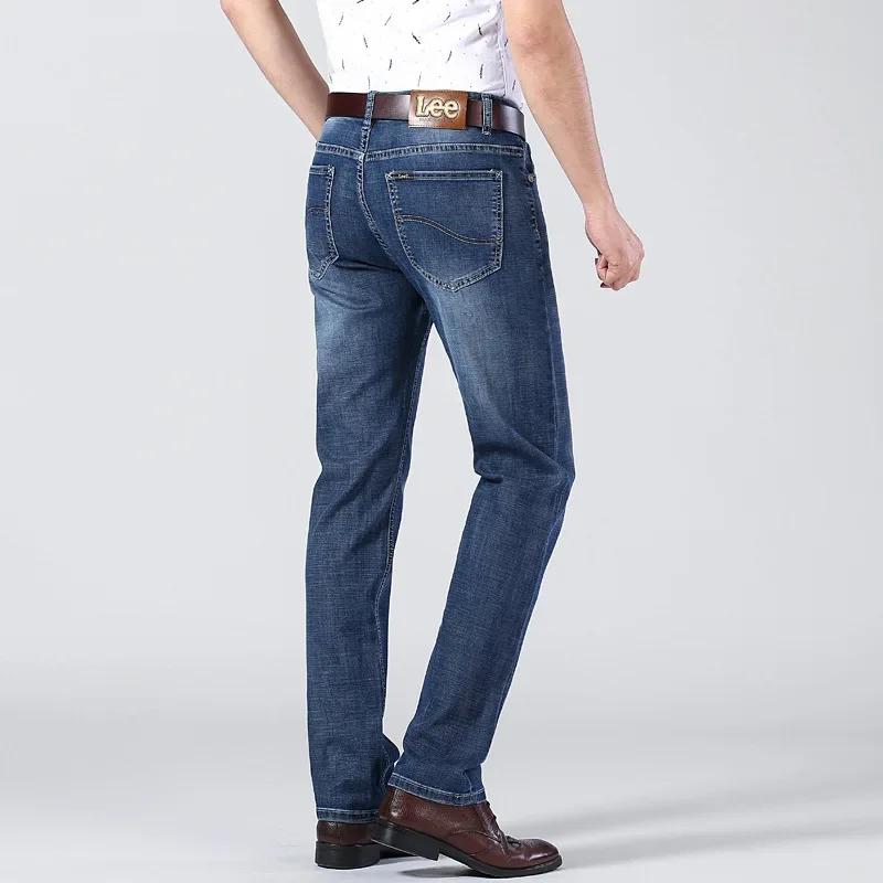 Le التجارة الخارجية الراقية الأزرق مستقيم الساق الجينز الرجال مرونة القطن السراويل المريحة نمط غير رسمي الصيف خفيفة الوزن