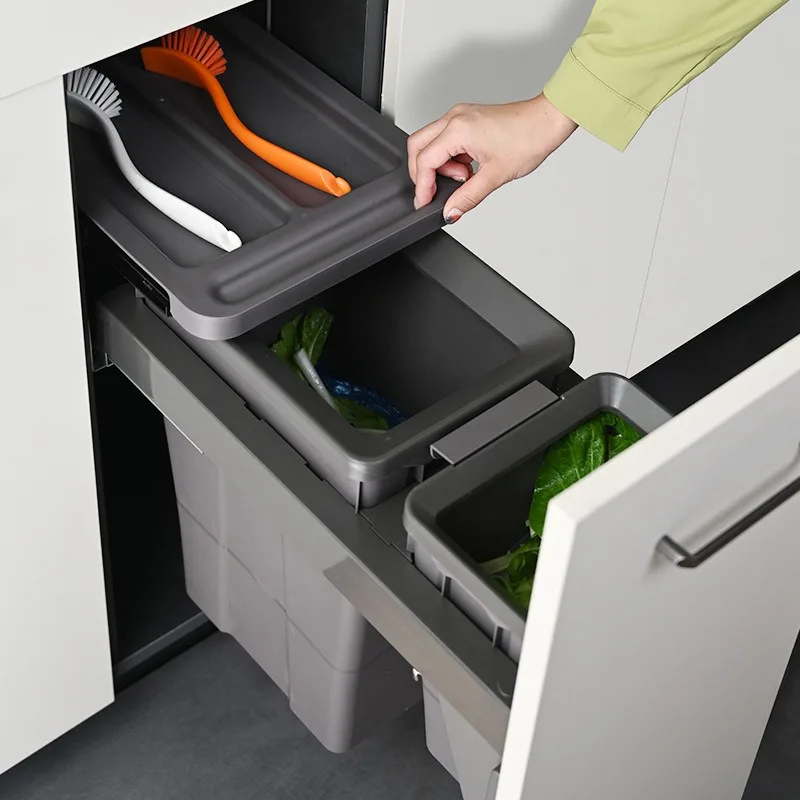 Cabinet embedded trash can, kitchen hidden classification cleaning can, pull-out trash can with lid