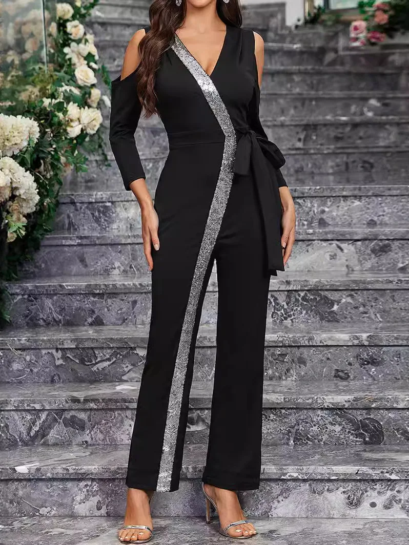 

Casual Long Sleeve Women's Jumpsuit Slimming Waist Black Long Pants Commute Style Polyester Fiber Long Leggings Ladies Onesie