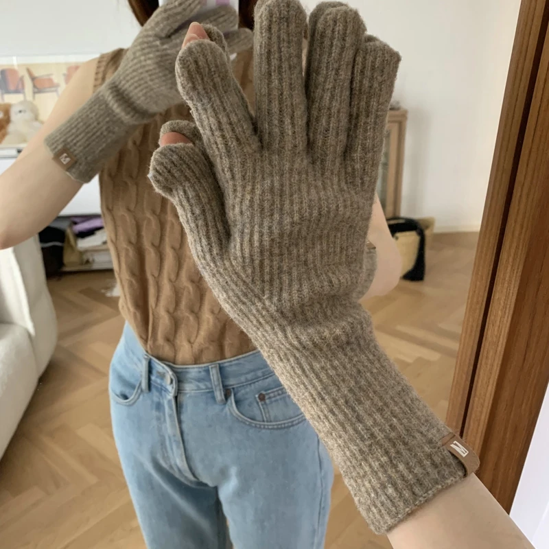 Pure Color Knitted Thicken Gloves for Women Warm Korean Five-finger  Extended Touch Screen Mittens For Women