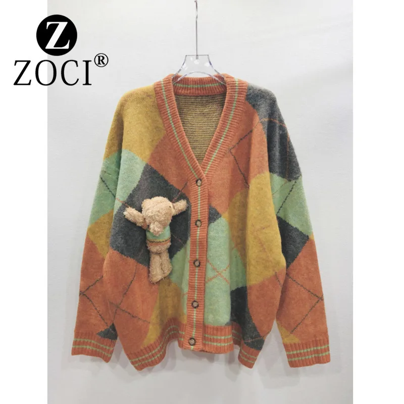 [ZOCI] White Deer Same Color Diamond Grid 3D Bear Knitted Cardigan Women's V-neck Loose Aging Sweater Jacket Trendy