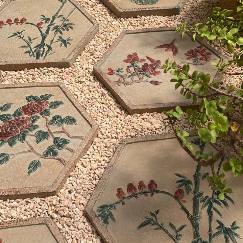 New Chinese Garden Stepping Stones Concrete Path Stones with Floral Relief Lawn Stepping Pads Garden Decor for Yard Pathway