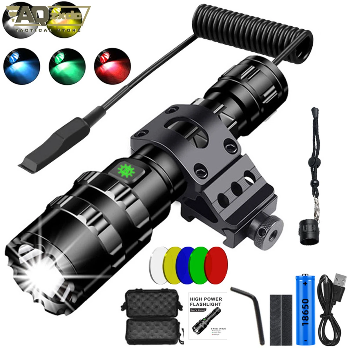 Tactical Flashlight Torch USB Rechargeable LED Portable Light with Offset Rail Mount and Tail Switch Outdoor Hand Torch