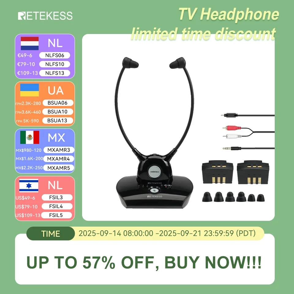 

Retekess TA008 TV Hearing Aid Headphone Wireless TV Headset System 2.4GHz Wireless Headphone for Seniors 3 Tones Dual Batteries